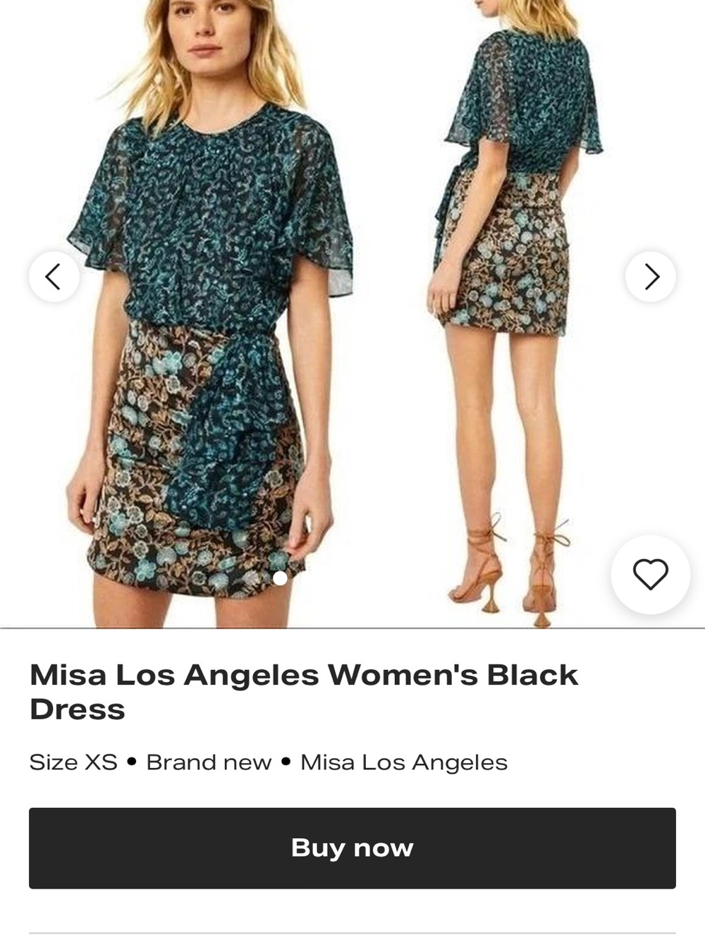 Misa Los Angeles Black and Teal Floral Mixed-Print Mini Dress XS Fall Runway!!